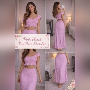 Y2K Pink Floral Two-Piece Skirt Set – Cottagecore Off-Shoulder Crop Top & Maxi